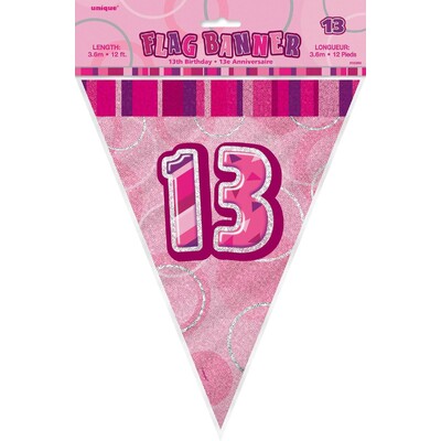 Pink Holographic 13 Bunting Banner 12 Flags | 13th Birthday Triangle Flag Decoration 3.6m