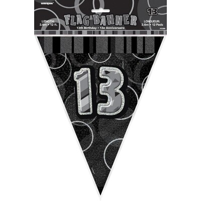 Black Glitz 13 Flag Banner Birthday Decoration