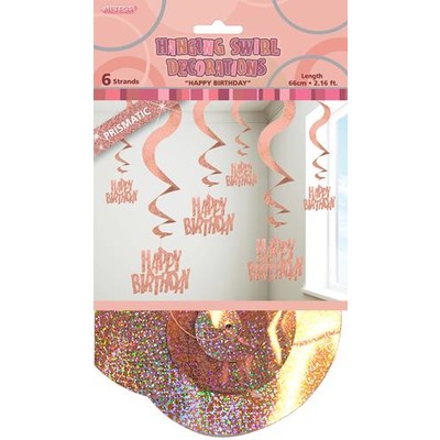 Happy Birthday Glitz Rose Gold Hanging Swirls Pk 6