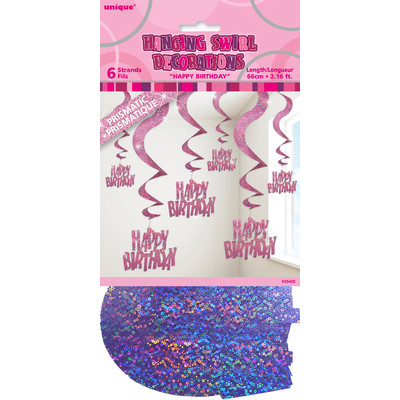 Happy Birthday Glitz Pink Hanging Swirls Pk 6