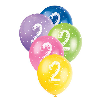 Metallic Bright Number 2 AOP Latex Balloons 12in 30cm (Pk 5)