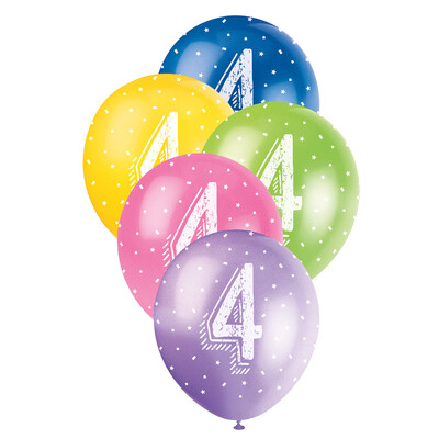 Metallic Bright Number 4 AOP Latex Balloons 12in 30cm (Pk 5)