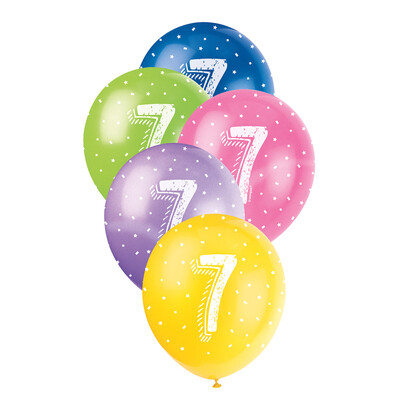 Metallic Bright Number 7 AOP Latex Balloons 12in 30cm (Pk 5)