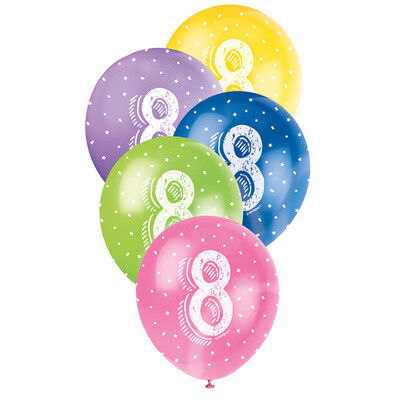 Metallic Bright Number 8 AOP Latex Balloons 12in 30cm (Pk 5)
