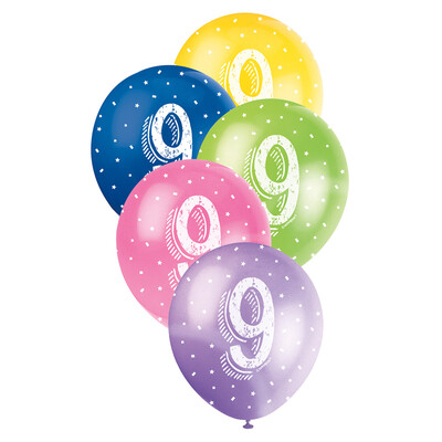 Metallic Bright Number 9 AOP Latex Balloons 12in 30cm (Pk 5)