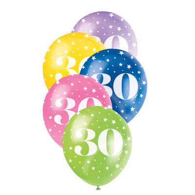 Metallic Bright Number 30 AOP Latex Balloons 12in 30cm (Pk 5)
