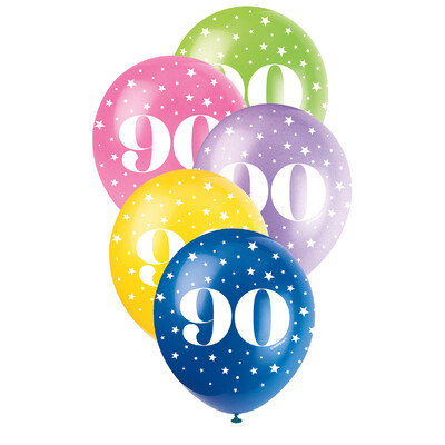 Metallic Bright Number 90 AOP Latex Balloons 12in 30cm (Pk 5)