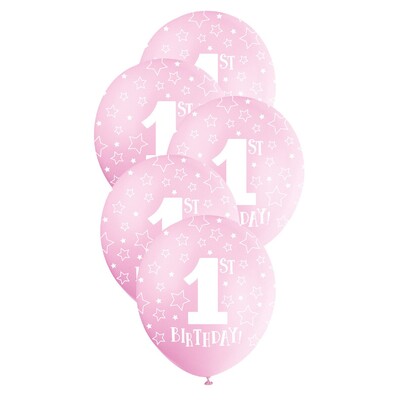 1st Birthday Pink Latex Balloons 30cm Pack of 5 | Biodegradable Helium Quality Balloons First Birthday 
