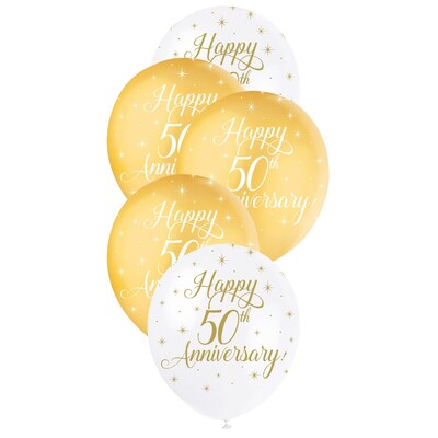 50th Anniversary Pearlised Latex Balloons 30cm Gold & White Pack of 5 | Helium Quality