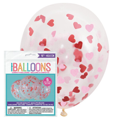 Clear Latex Balloons with Pink & Red Heart Confetti (40cm, 16in) Pk 5