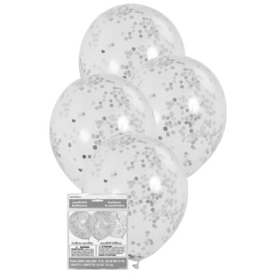Clear 12in. Latex Balloons with Silver Confetti Pk 6