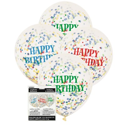 Clear Happy Birthday 12in Latex Balloons with Multi Colour Confetti Pk 6