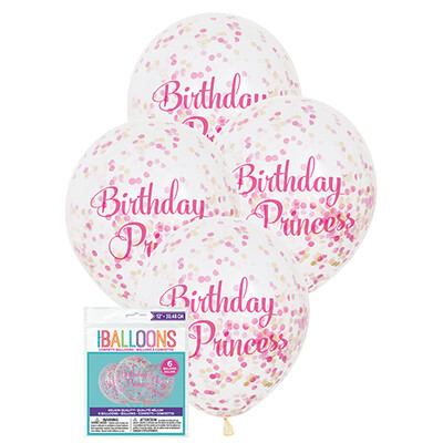 Clear Birthday Princess 12in Latex Balloons with Pink & Gold Confetti Pk 6 