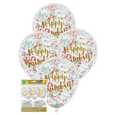 Clear 12in Happy Birthday Latex Balloons with Multi Colour Confetti Pk 6