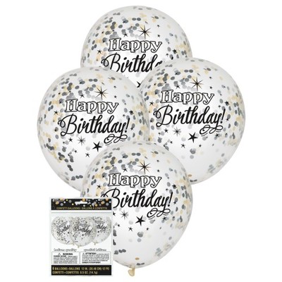 Clear 12in Happy Birthday Latex Balloons with Black, Silver & Gold Confetti Pk 6