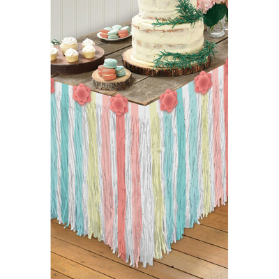 Free Spirit Pastel Striped Paper Table Skirt with Flowers (73cm x 3m)