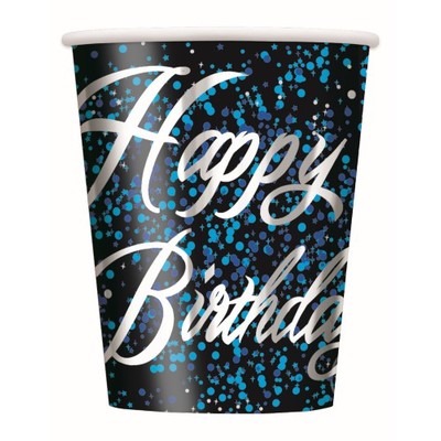 Happy Birthday Black & Blue Glitz 9oz. Paper Cups Pk 8