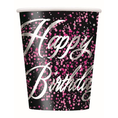 Happy Birthday Black & Pink Glitz 9oz. Paper Cups Pk 8