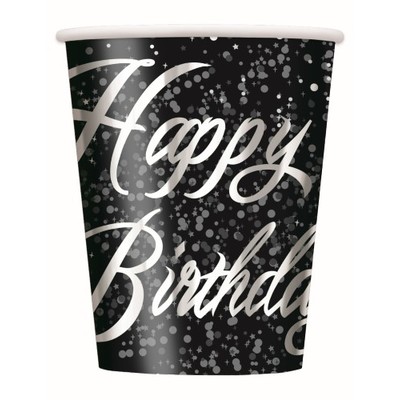 Happy Birthday Black & Silver Glitz 9oz. Paper Cups Pk 8