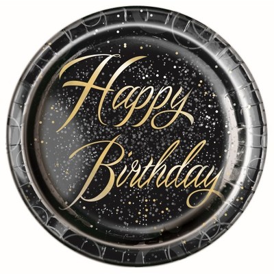 Happy Birthday Black & Gold Glitz 9in. Paper Plates Pk 8