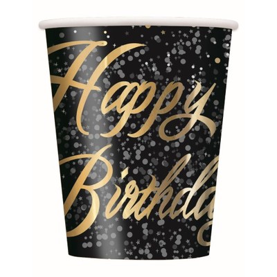 Happy Birthday Black & Gold Glitz 9oz. Paper Cups Pk 8