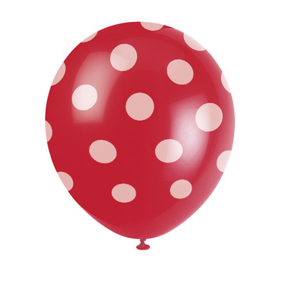 Red & White Polka Dot Latex Balloons (12in) Pk 6