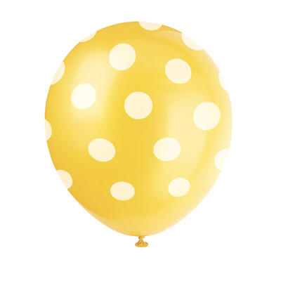 Yellow & White Polka Dot Latex Balloons (12in) Pk 6
