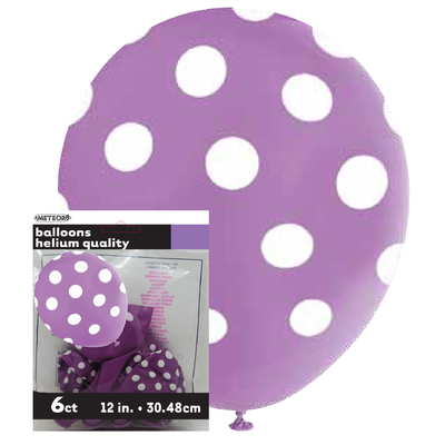 Pretty Purple & White Polka Dot Latex Balloons (12in) Pk 6