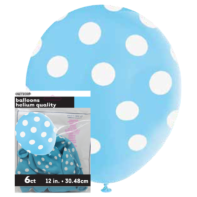 Powder Blue & White Polka Dot Latex Balloons (12in) Pk 6