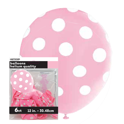 Lovely Pink & White Polka Dot Latex Balloons (12in) Pk 6