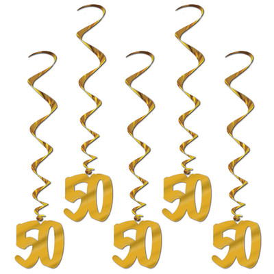 50 Gold Hanging Birthday Whirl Decorations (91cm) Pk 5