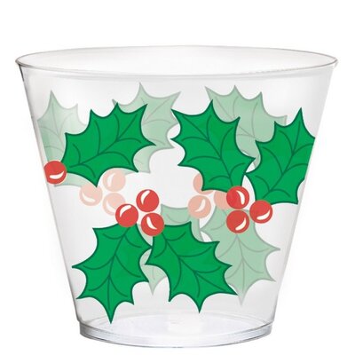 Christmas Clear Plastic Cups with Holly & Berries 9oz (Pk 40)