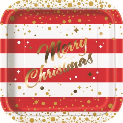 Christmas Gold & Red Sparkle 9in. Square Paper Plates Pk 8