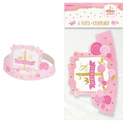 1st Birthday Pink & Gold Party Hats Pk 6