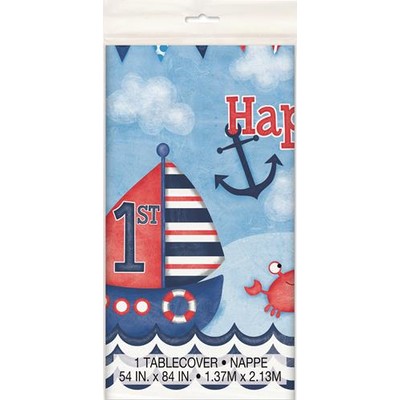 1st Birthday Nautical Plastic Tablecover (1.37m x 2.13m) Pk 1