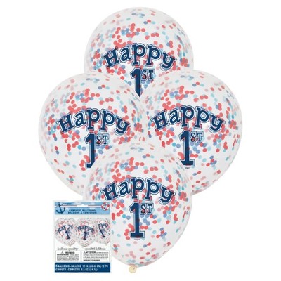 Clear 12in 1st Birthday Latex Balloons with Blue & Red Confetti Pk 6