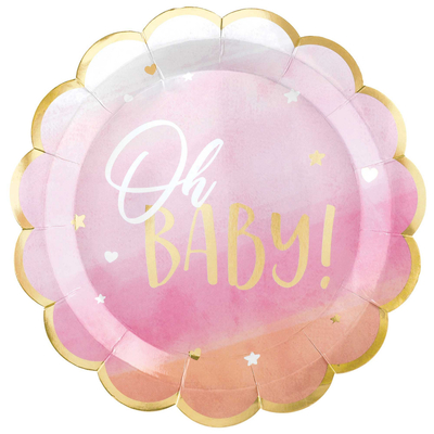 Pink Round Oh Baby Paper Plates (11in, 27cm) Pk 8
