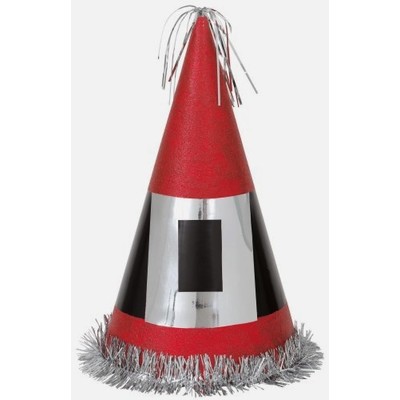 Christmas Santa Belt Giant Cone Foil Cardboard Hat with Red Glitter Pk 1