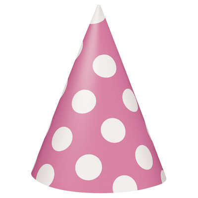 Hot Pink & White Polka Dot Party Hats Pk 8 