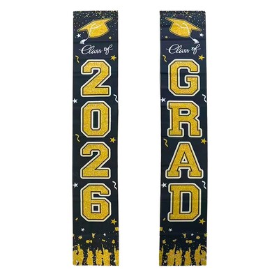 Class of 2026 & Congrats Grad Hanging Banner Set 2 Pack Black Gold Couplets 30cm x 180cm 