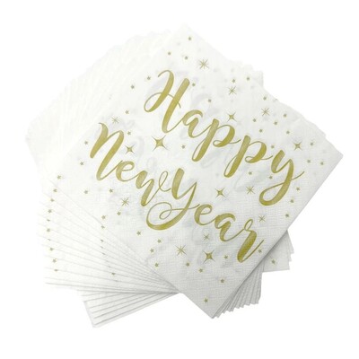 Happy New Year White & Gold 2 Ply Lunch Napkins Pack of 20 | New Year's Eve Party
