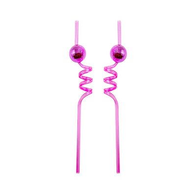 Reusable Pink Plastic Spiral Disco Ball Straw Pk 2