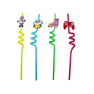 Reusable Plastic Spiral Novelty Universal Straws Pk 4