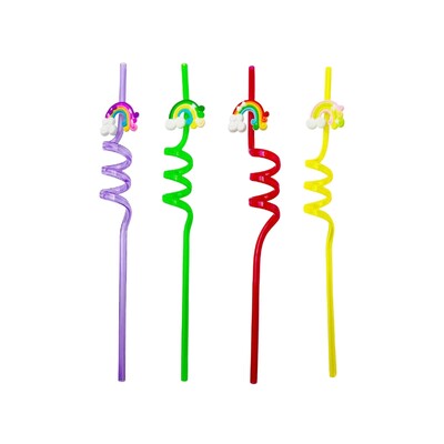 Reusable Plastic Spiral Novelty Rainbow Straw Pk 4