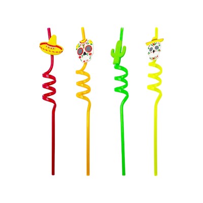 Reusable Plastic Spiral Mexican Fiesta Straw Pk 4