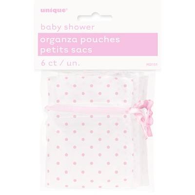 Baby Shower Pink Dots Organza Bags Pk 6