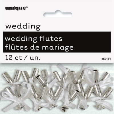 Mini Silver Champagne Flutes with White Ribbon Wedding Favours (Pk 12)