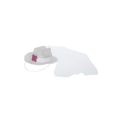 Mini Bride To Be White Glitter Plastic Cowboy Hat With Veil Pk 1