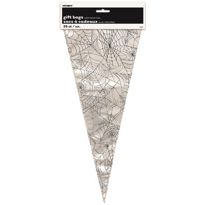 Halloween Cello Cone Gift Treat Bags Clear with Black Spiderwebs (Pk 20)