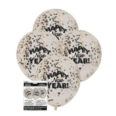 Clear 12in Happy New Year Latex Balloons with Black, Silver & Gold Confetti Pk 6